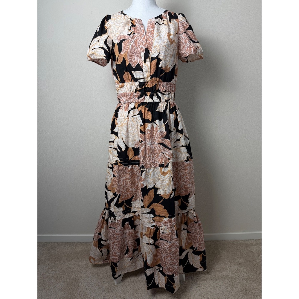 Cynthia Rowley Women Cotton Maxi Dress S Black Floral Garden Party Boho Coastal